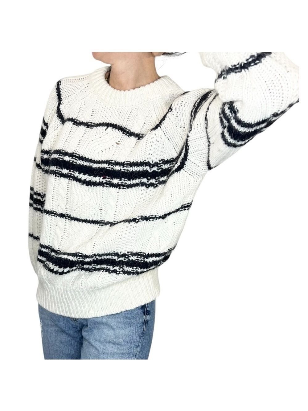 Anthro Elsamanda Italy alpaca blue white stripe chunky knit crew neck sweater XL